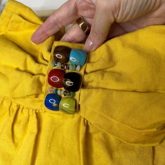 Yellow Linen Sleeveless Blouson Blouse Mini Dress Bead Bow Tie Front S - Picture 3 of 13